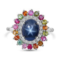 Thai Blue Star Sapphire and Multi Gemstone Cocktail Ring in Platinum Over Sterling Silver 6.20 ctw - Sticky add to cart bar
