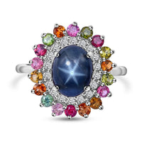 Thai Blue Star Sapphire and Multi Gemstone Cocktail Ring in Platinum Over Sterling Silver 6.20 ctw