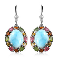 Larimar and Multi-Tourmaline Lever Back Earrings in Platinum Over Sterling Silver 16.10 ctw