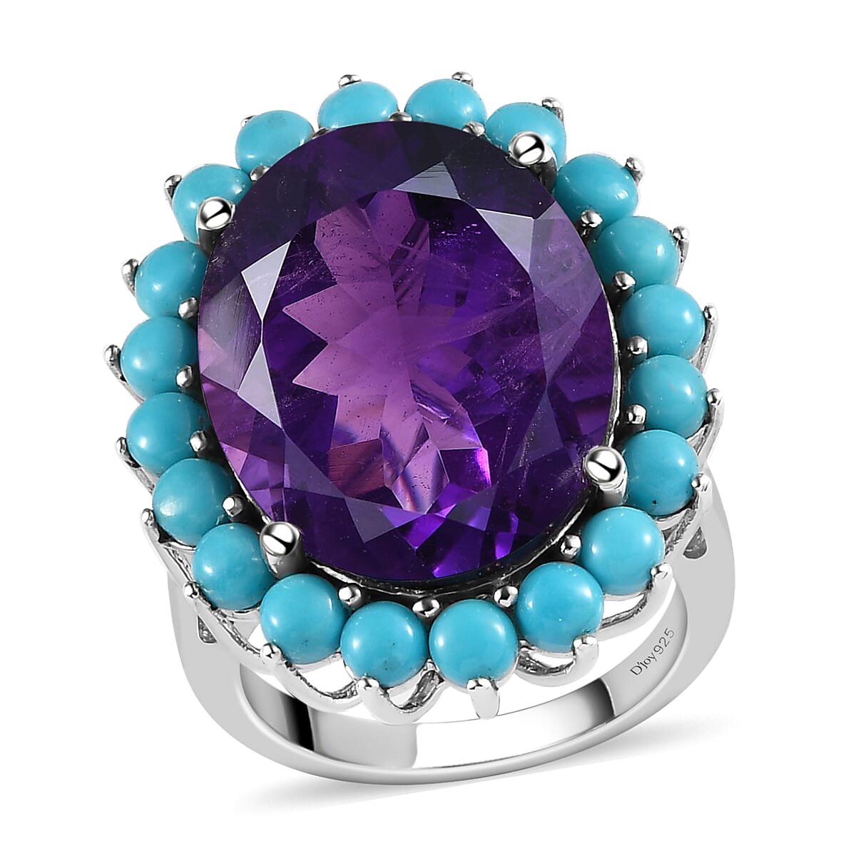 African Amethyst and Natural Sleeping Beauty Turquoise Floral Ring in Platinum Over Sterling Silver 19.00 ctw