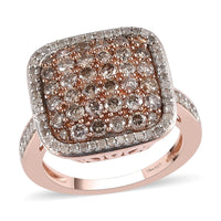 Natural Champagne and White Diamond Cluster Ring in Vermeil RG Over Sterling Silver (Size 10.0) 1.50 ctw