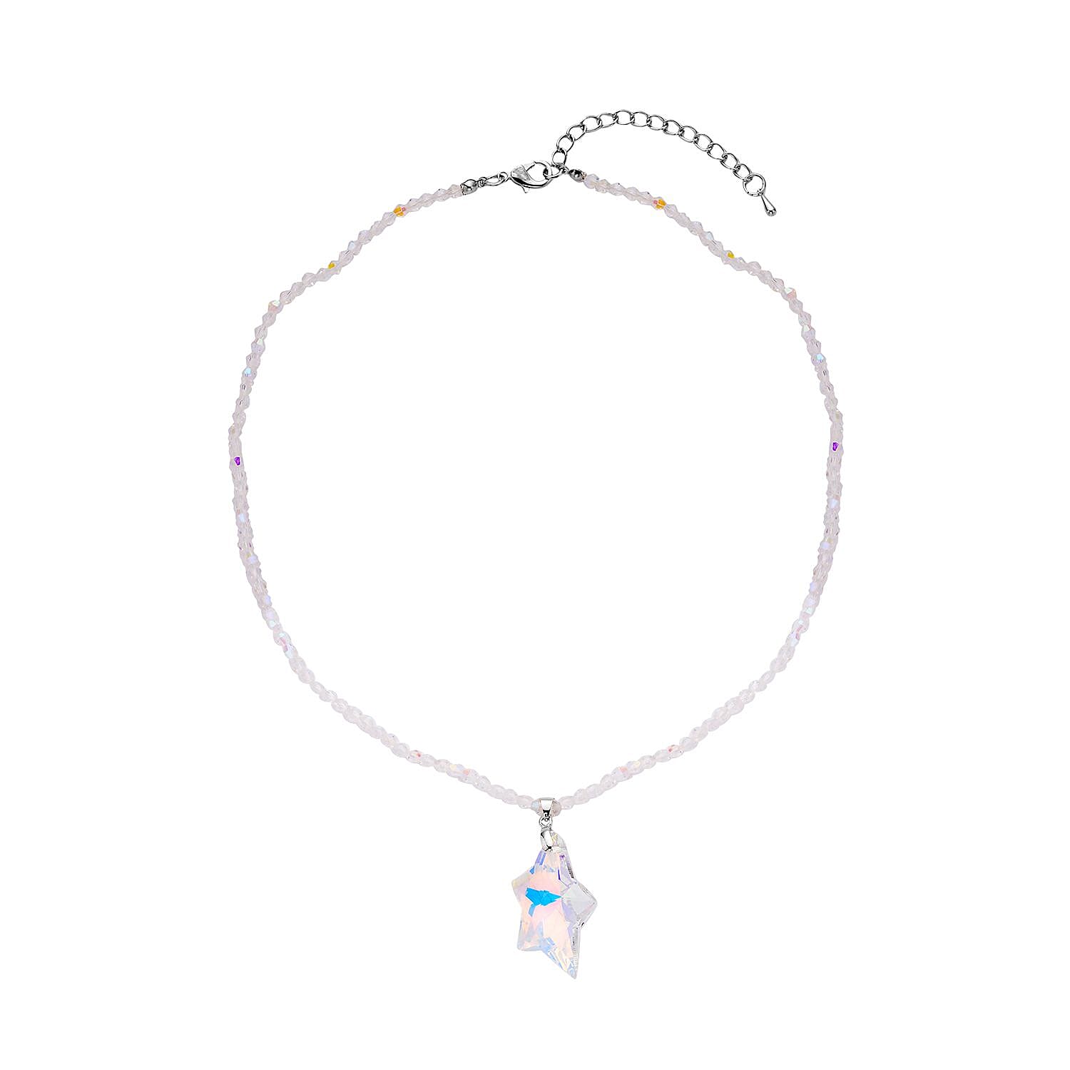 Simulated White Aurora Borealis Star Pendant with Beaded Necklace 20 Inches in Silvertone
