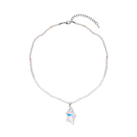 Simulated White Aurora Borealis Star Pendant with Beaded Necklace 20 Inches in Silvertone