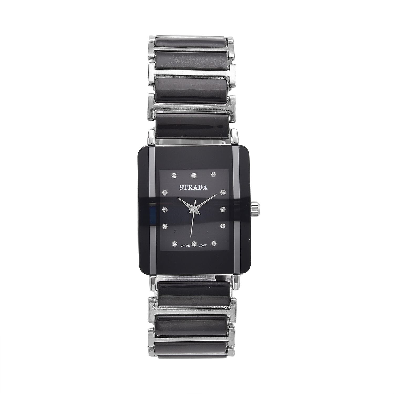 Strada Austrian Crystal Japanese Movement Square Shaped Dial Watch with Black Color Ceramic Strap (33x28mm) (6.0-7.0Inches)