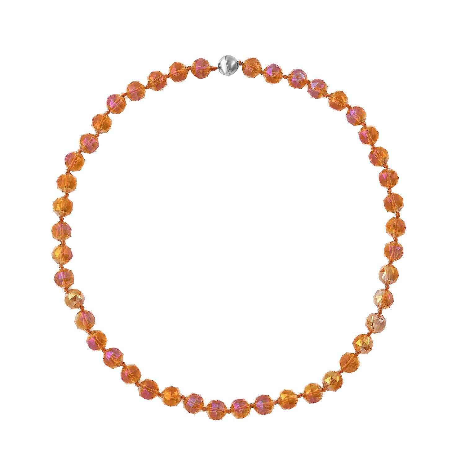 Orange Pearl Glass Beaded Necklace with Magnetic Lock in Silvertone 24 Inches
