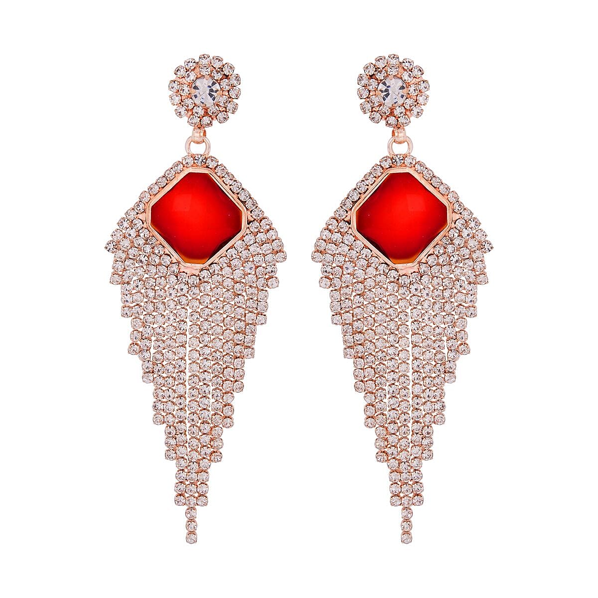Red Glass and Austrian Crystal Waterfall Earrings in Rosetone