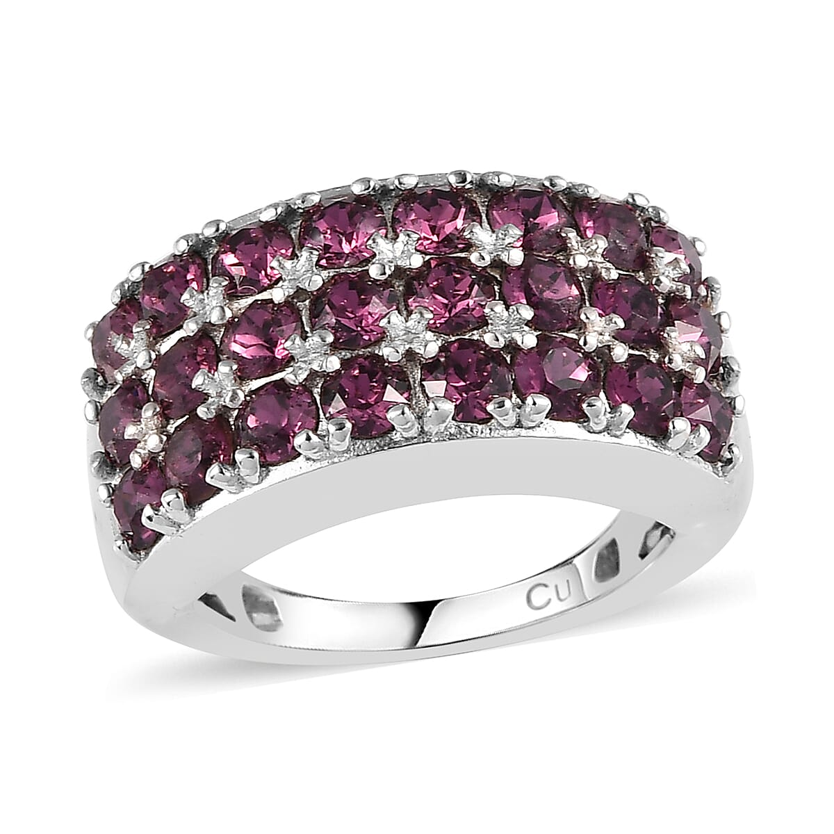 Amethyst Color Crystal Three Row Band Ring in Platinum Over Copper with Magnet
