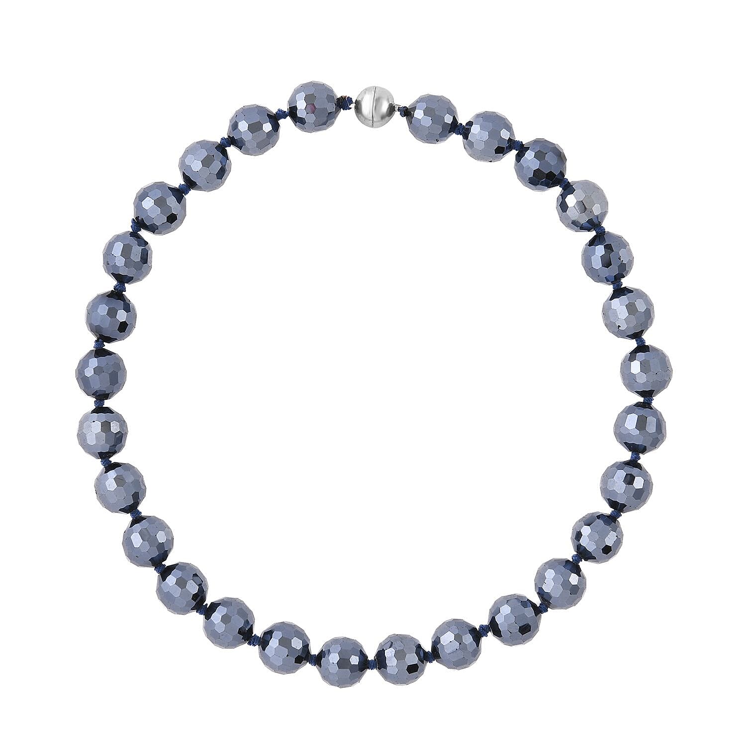 Hematite Color Glass Beaded Knotted Necklace 20 Inches with Magnetic Lock in Silvertone