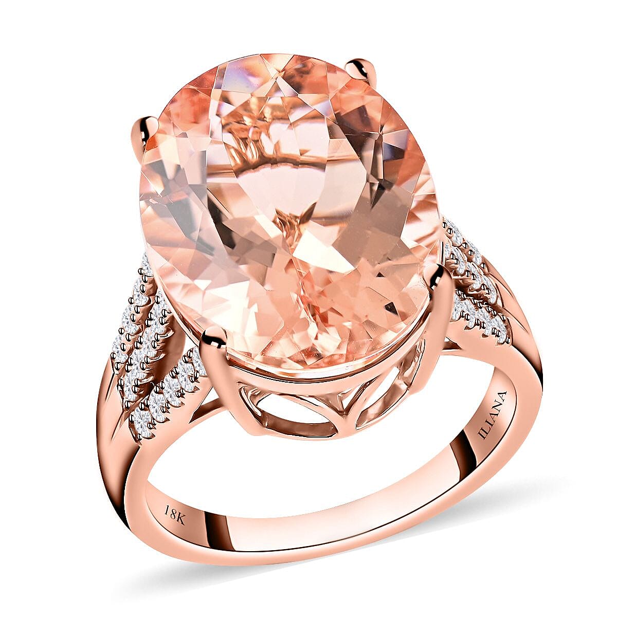 Certified & Appraised ILIANA 18K Rose Gold AAA Marropino Morganite and G-H I1 Diamond Split Shank Ring 6.40 Grams 11.80 ctw