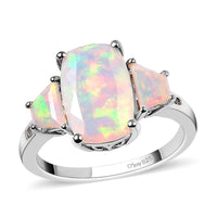 TLV Premium Ethiopian Welo Opal, Natural Champagne Diamond 3 Stone Ring in Platinum Over Sterling Silver (Size 7.0) 3.00 ctw