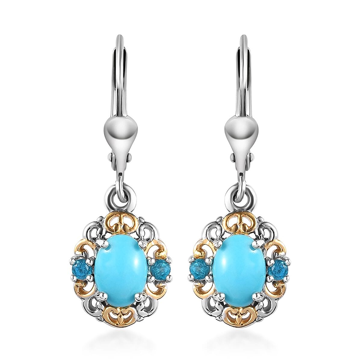 American Natural Sleeping Beauty Turquoise and Malgache Neon Apatite Lever Back Earring in Vermeil YG and Platinum Over Sterling Silver 1.50 ctw