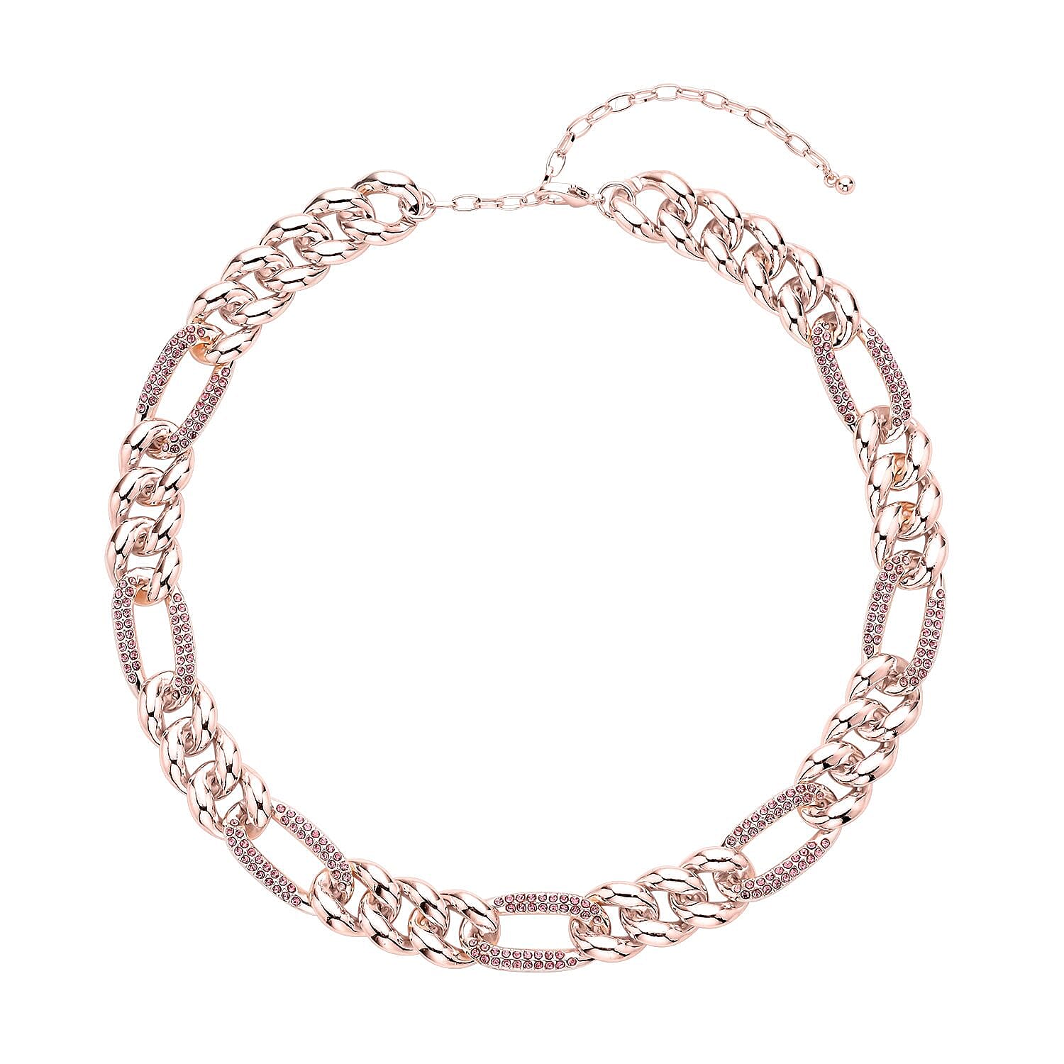 Pink Austrian Crystal Figaro Link Necklace (18.5-22.50 Inches) in Rosetone