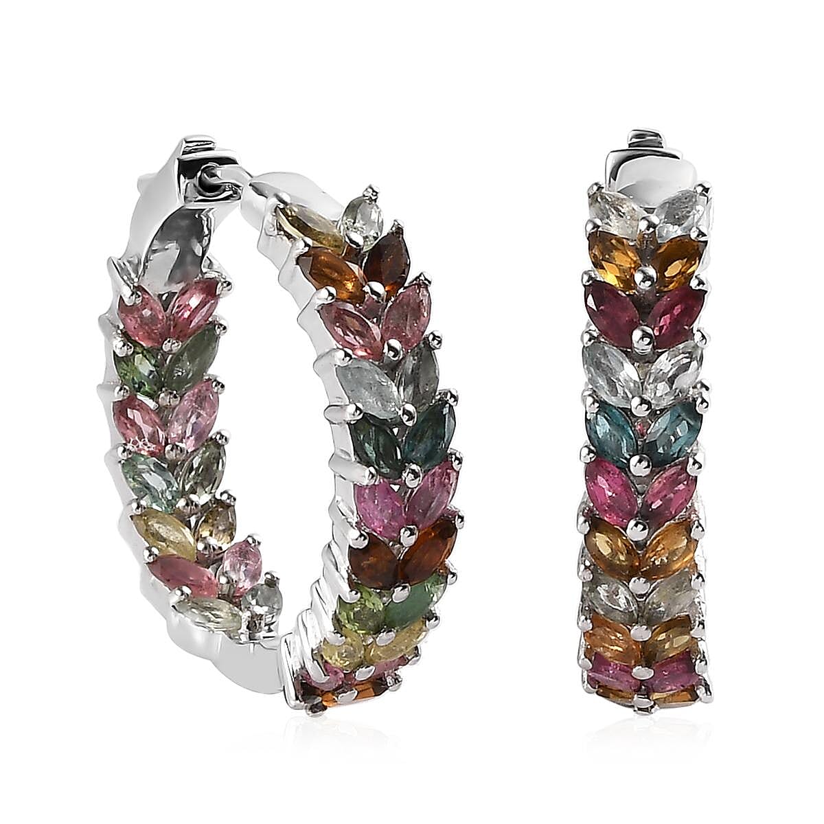 Multi-Tourmaline  J Hoop Half Hoop Earring in Platinum Overlay Sterling Silver 6.05 ctw ,  Silver Wt. 11.3 g