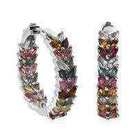 Multi-Tourmaline  J Hoop Half Hoop Earring in Platinum Overlay Sterling Silver 6.05 ctw ,  Silver Wt. 11.3 g