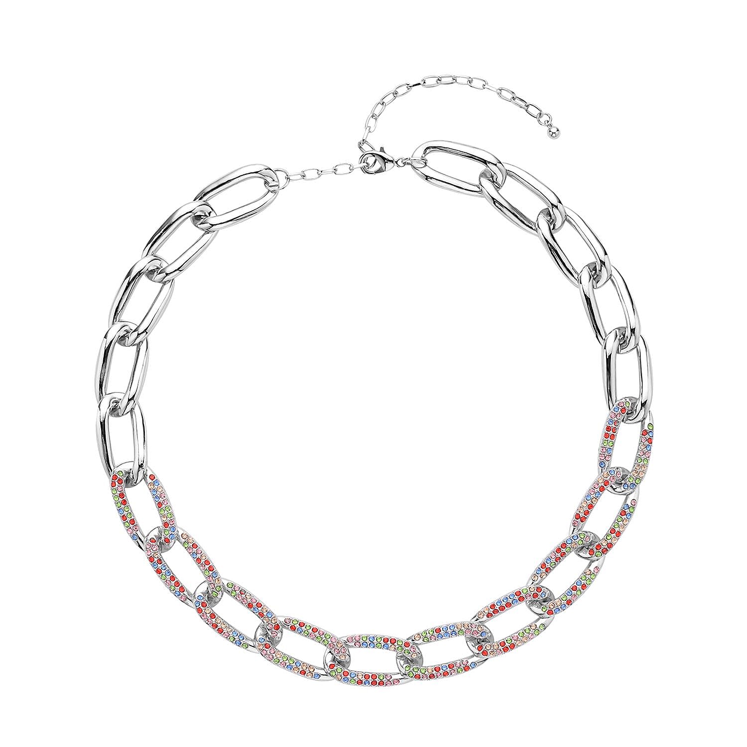 Multi Color Austrian Crystal Paperclip Link Necklace (18.5-22.50 Inches) in Silvertone