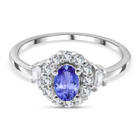 Tanzanite and White Zircon Ring in Platinum Over Sterling Silver (Size 5.5) 1.15 ctw
