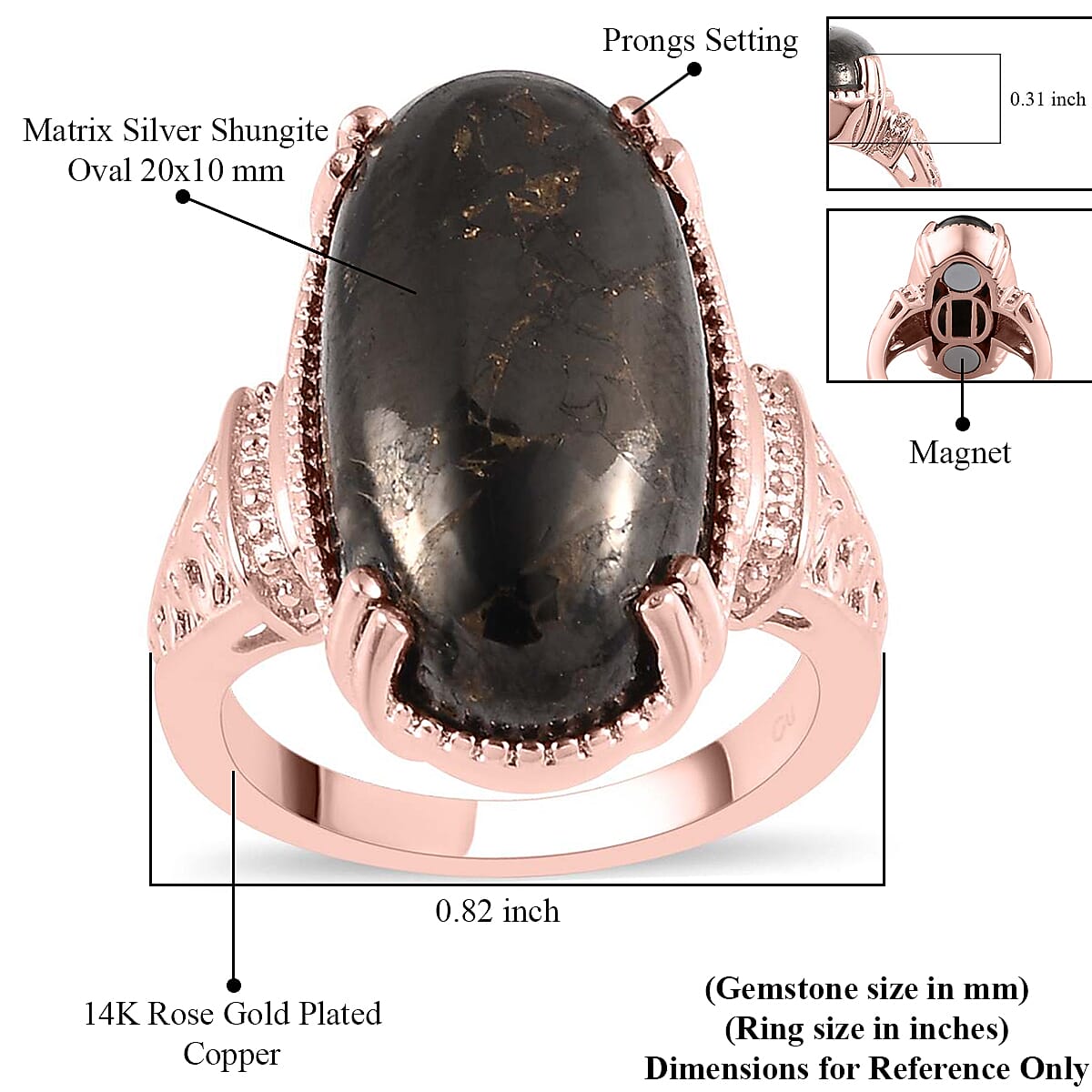 Matrix Silver Shungite Ring in 14K Rose Gold Over Copper with Magnet 6.35 ctw