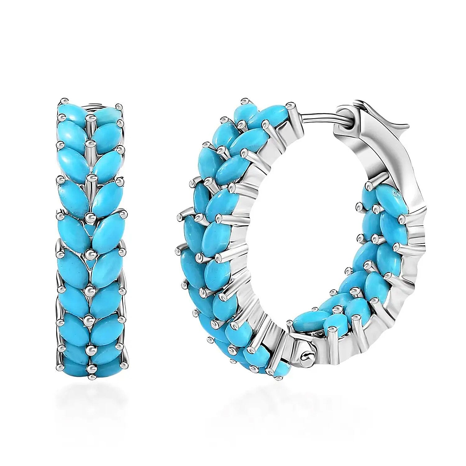 Sleeping Beauty Turquoise Hoop Earrings in Platinum Plated Sterling Silver, Turquoise Hoops, Silver Jewelry For Women 5.60 ctw