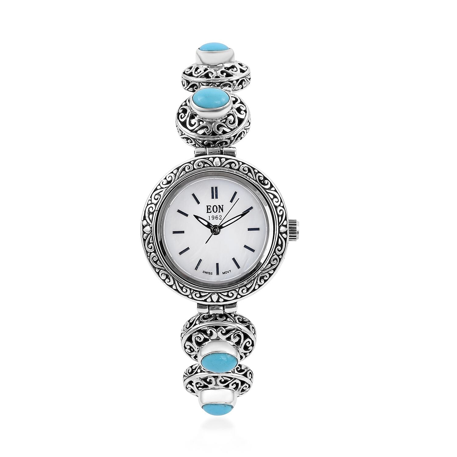 Doorbuster BALI LEGACY EON 1962 American Natural Sleeping Beauty Turquoise Swiss Movement Bracelet Watch in Sterling Silver (7.0-8.0Inches) (26mm) (36 g) 3.70 ctw
