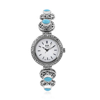 Doorbuster BALI LEGACY EON 1962 American Natural Sleeping Beauty Turquoise Swiss Movement Bracelet Watch in Sterling Silver (7.0-8.0Inches) (26mm) (36 g) 3.70 ctw