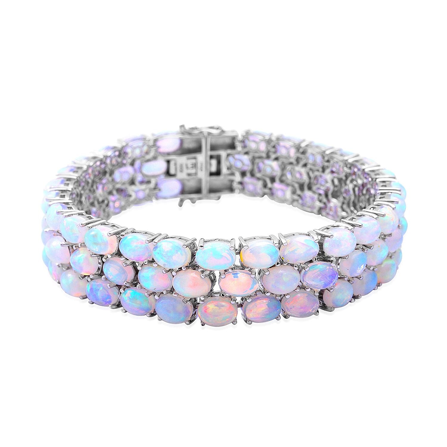 Premium Ethiopian Welo Opal Triple-Row Tennis Bracelet in Platinum Over Sterling Silver (6.50 In) 25.30 Grams 31.50 ctw