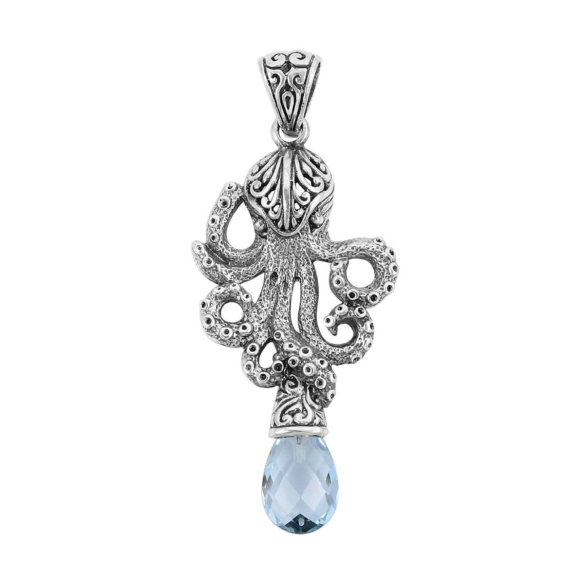 Doorbuster BALI LEGACY Briolette Cut Sky Blue Topaz Octopus Pendant in Sterling Silver 8 Grams 7.00 ctw