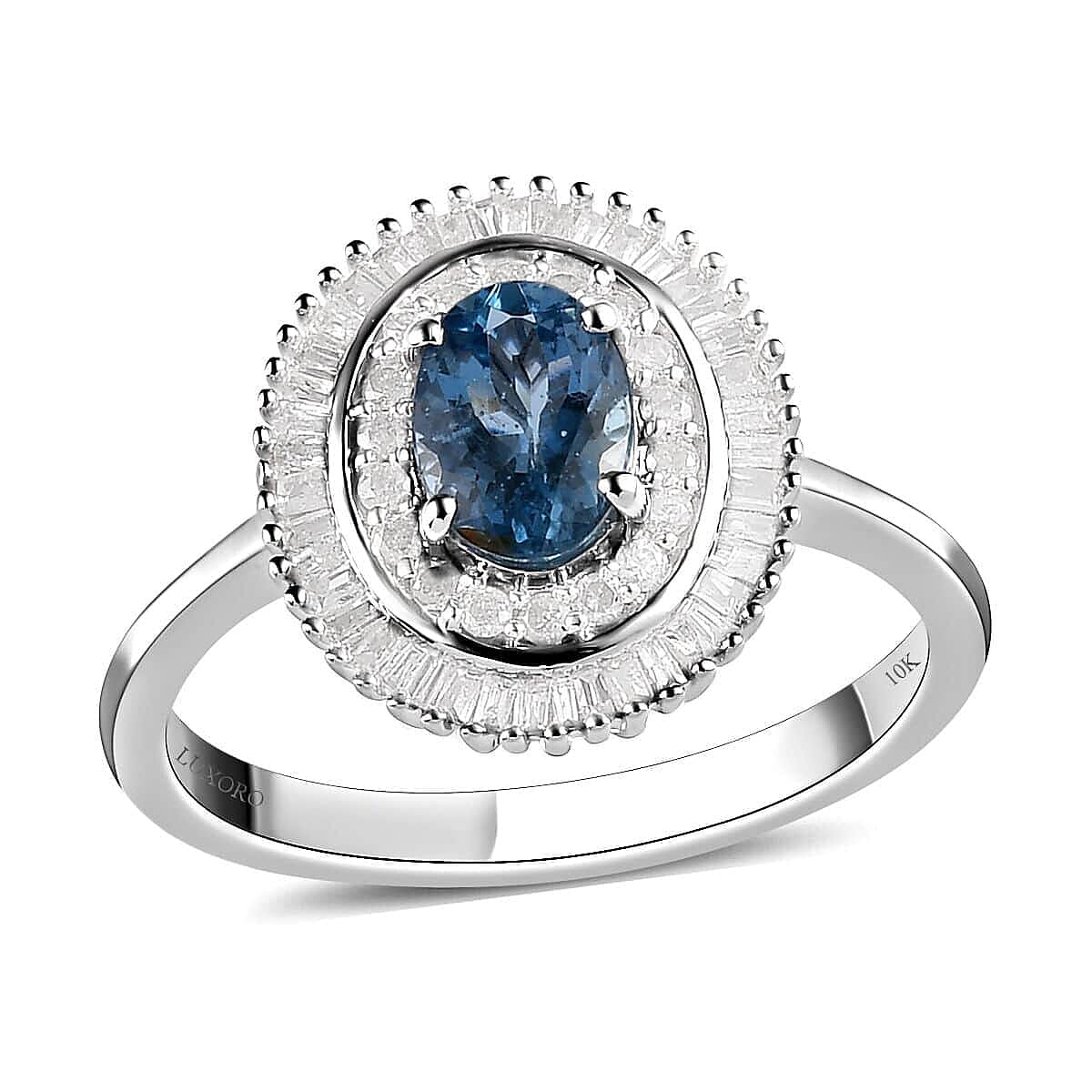LUXORO 10K White Gold AAA Santa Maria Aquamarine, Diamond (0.40 cts) Cocktail Ring (Size 7.0) (3.10 g) 1.05 ctw