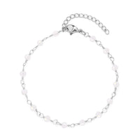 White Glass Beaded Station Bracelet (7.5-9Inches) in Stainless Steel