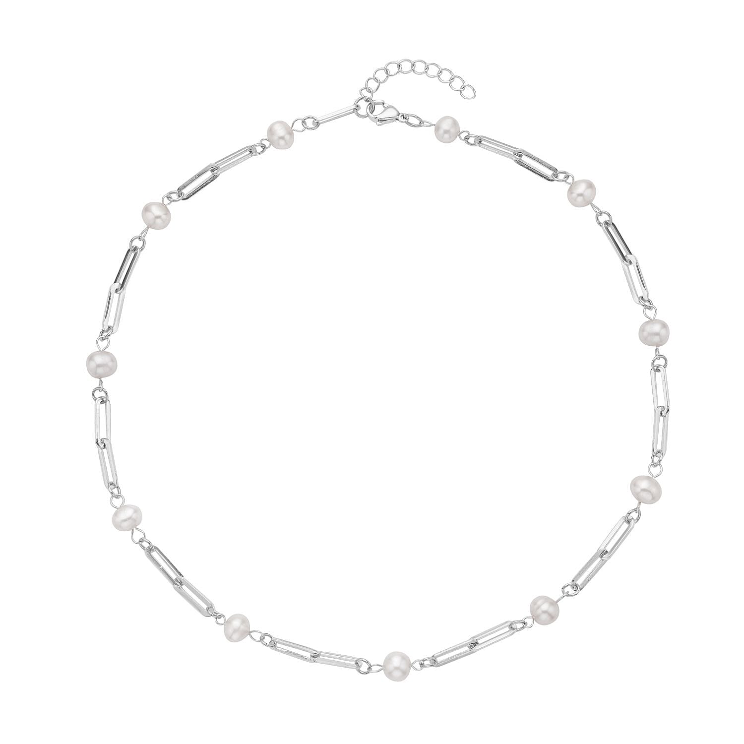 White Freshwater Pearl Paper Clip Chain Station Necklace 18-20 Inches in Stainless Steel