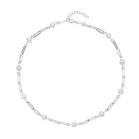 White Freshwater Pearl Paper Clip Chain Station Necklace 18-20 Inches in Stainless Steel