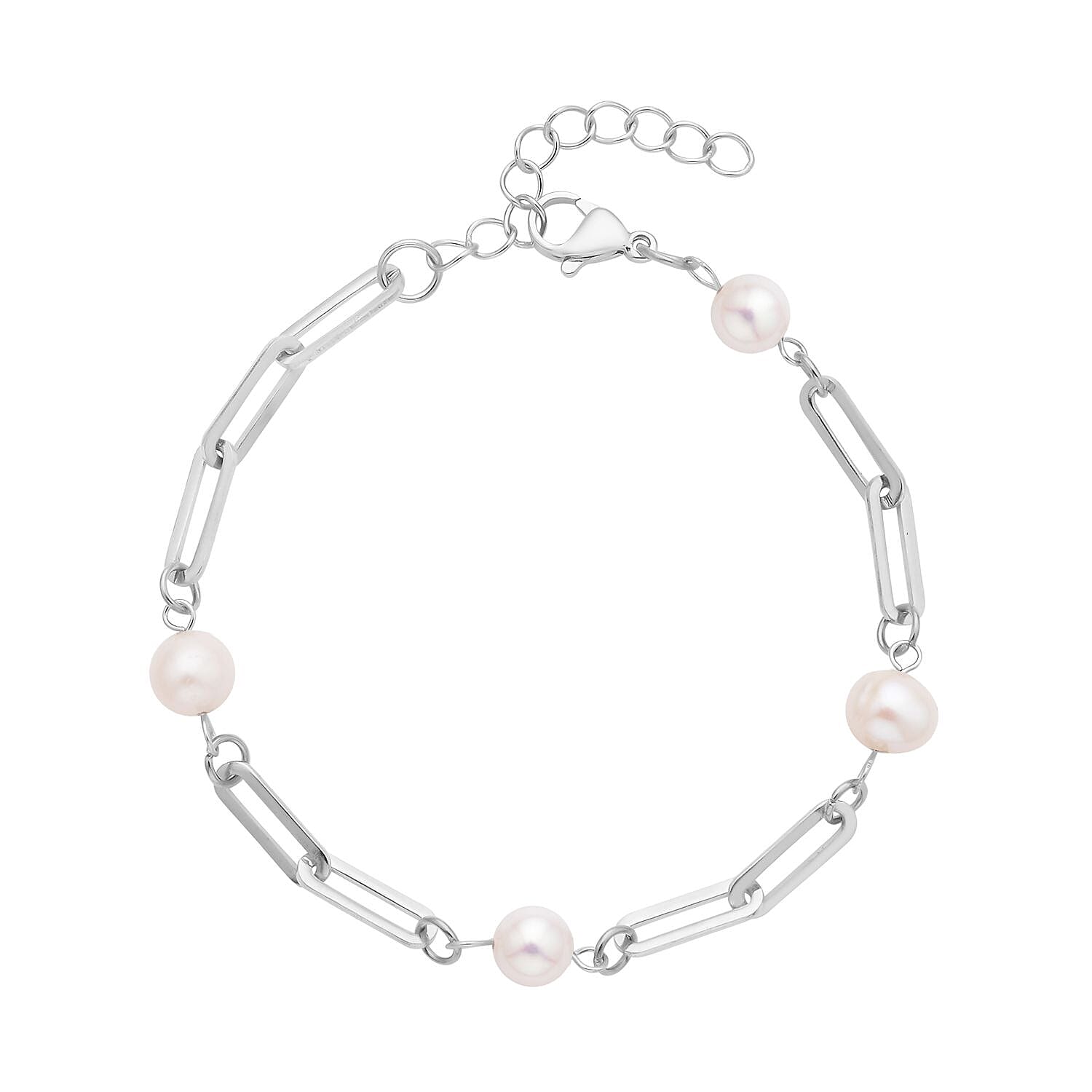 White Freshwater Pearl Paper Clip Chain Station Bracelet in Stainless Steel (7.50-9In)