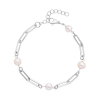 White Freshwater Pearl Paper Clip Chain Station Bracelet in Stainless Steel (7.50-9In)
