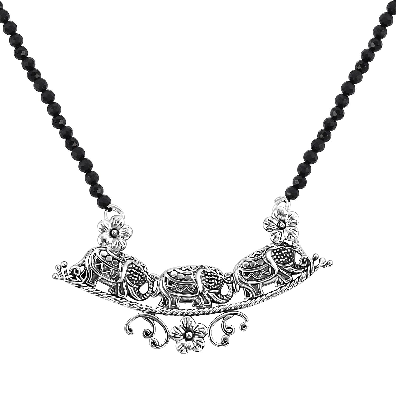 Doorbuster BALI LEGACY Natural Thai Black Spinel Beaded Elephant Necklace 20 Inches in Sterling Silver 8.60 Grams 32.50 ctw