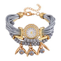 Strada Austrian Crystal, Gray Pearl Glass, Resin Japanese Movement Bracelet Watch in Goldtone with Gray Nylon Strap (25.4 mm) (8.00-9.00 Inches)