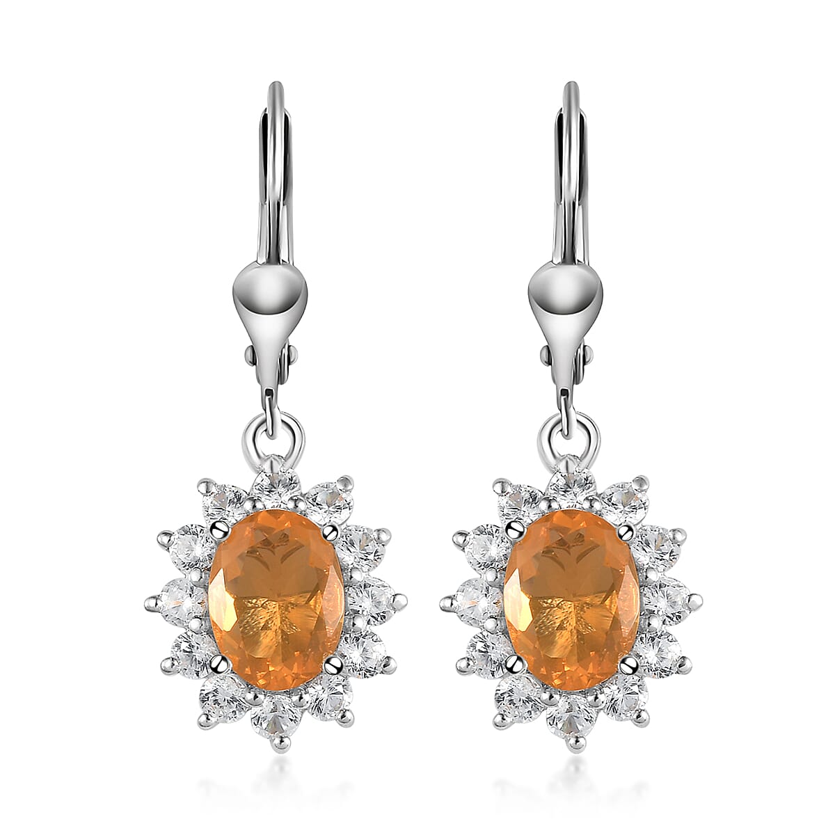 Jalisco Fire Opal and White Zircon Sunburst Lever Back Earrings in Platinum Over Sterling Silver 3.35 ctw