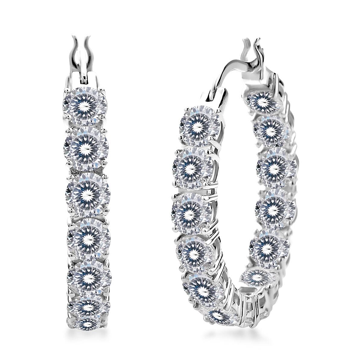 Doorbuster Moissanite Inside Out Hoop Earrings in Rhodium Over Sterling Silver 8.40 Grams 12.25 ctw