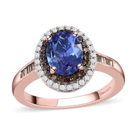 Tanzanite, Natural Champagne and White Diamond Double Halo Ring in Vermeil Rose Gold Over Sterling Silver (Size 10.0) 1.50 ctw