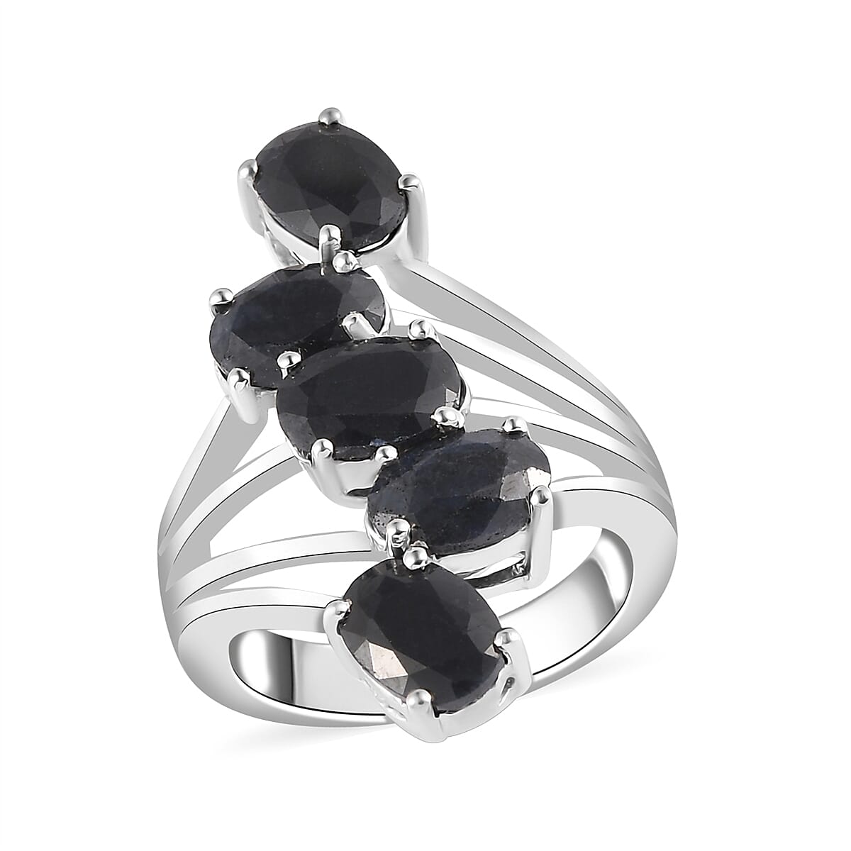 Australian Black Sapphire 5 Stone Ring in Platinum Over Sterling Silver 5.40 ctw