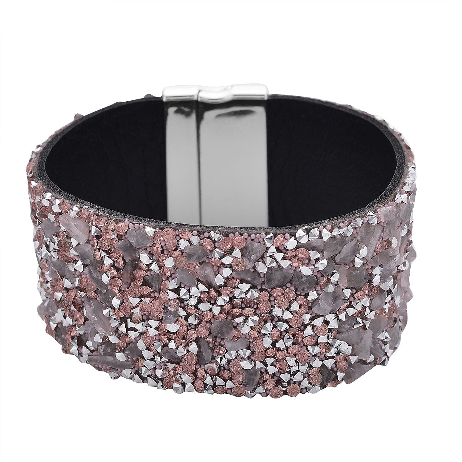 Pink Austrian Crystal, Galilea Rose Quartz, Simulated Pink Color Resin Bracelet in Faux Leather Band and Magnetic Lock Silvertone (7.50 In) 40.00 ctw