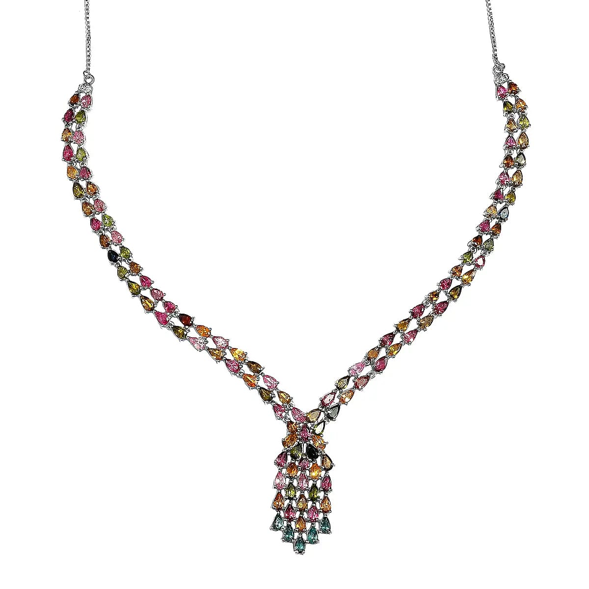 AAA Multi-Tourmaline Necklace in Platinum Over Sterling Silver, Waterfall Necklace, Wedding Gifts For Her (18 Inches) 19.20 ctw