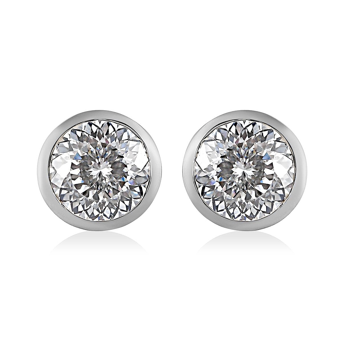 One Time Only 100 Facet Moissanite (Rnd 6.5mm) Solitaire Stud Earrings in Platinum Over Sterling Silver 1.90 ctw