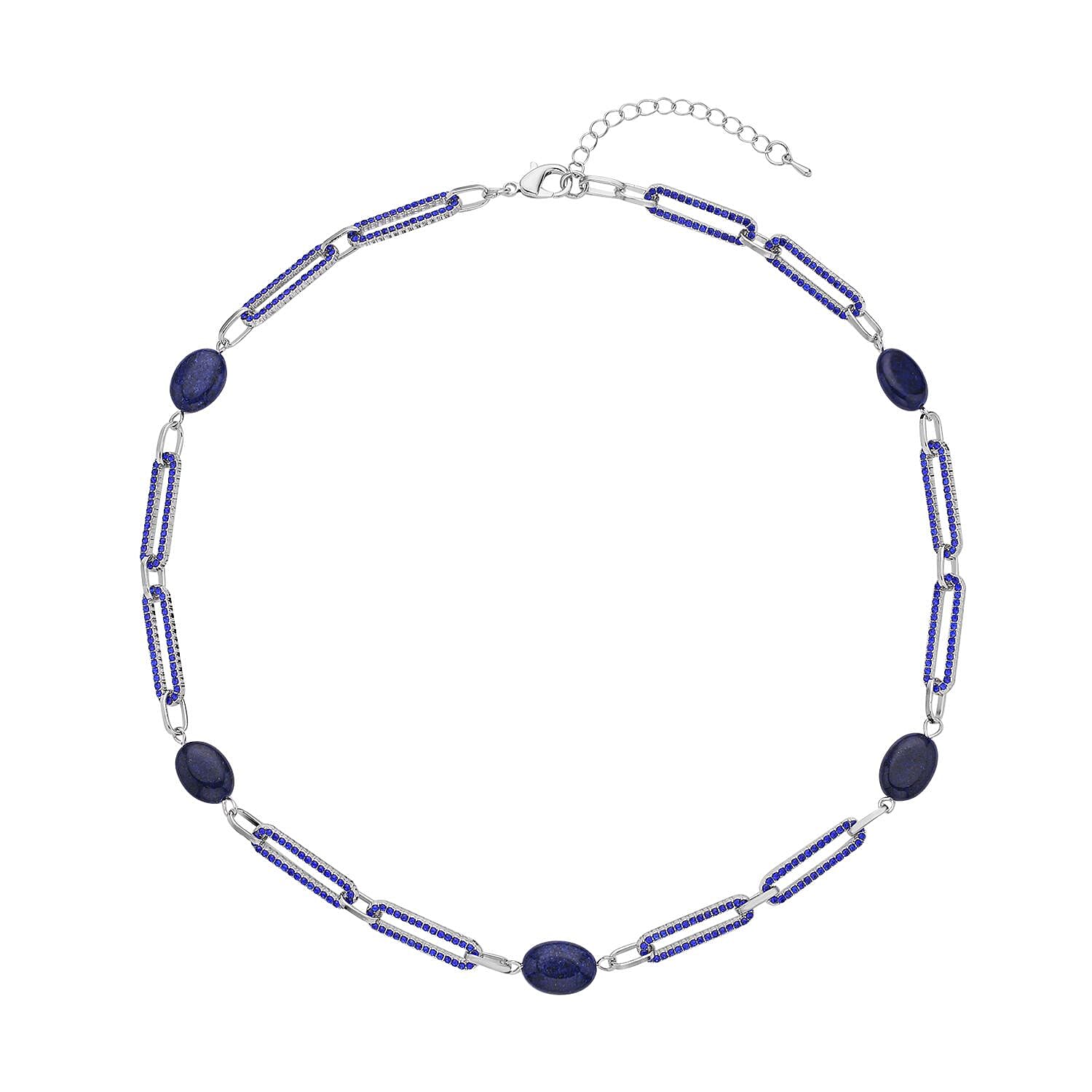 Lapis Lazuli, Blue Austrian Crystal Paper Clip Station Necklace (20-22 Inches) in Silvertone 18.00 ctw