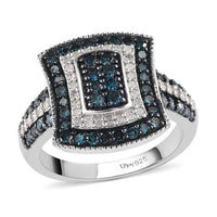 TLV Blue Diamond (IR), Diamond Cluster Ring in Platinum Over Sterling Silver (Size 8.0) 1.00 ctw
