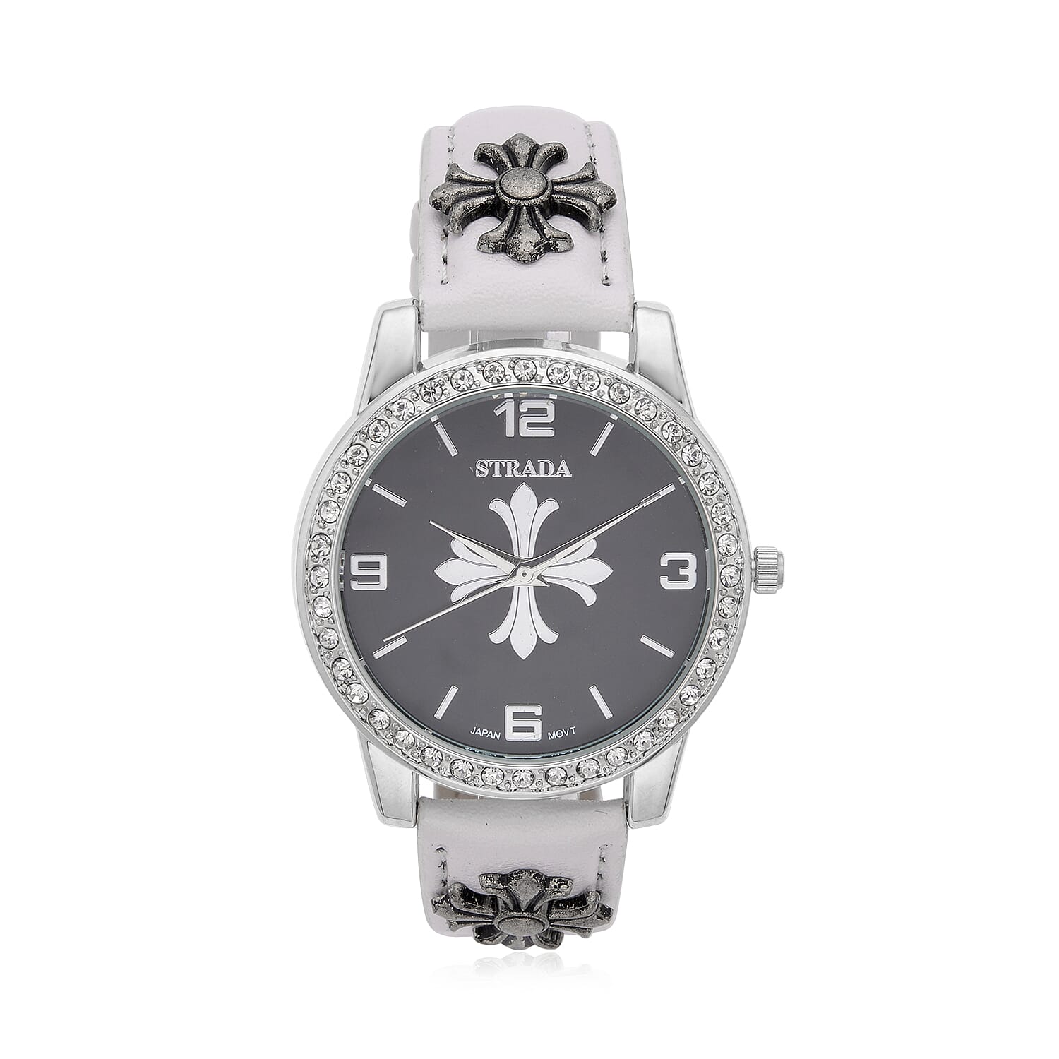 Strada Austrian Crystal Japanse Movement Black Dial Watch with White Faux Leather Strap and Cross Charm