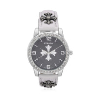 Strada Austrian Crystal Japanse Movement Black Dial Watch with White Faux Leather Strap and Cross Charm