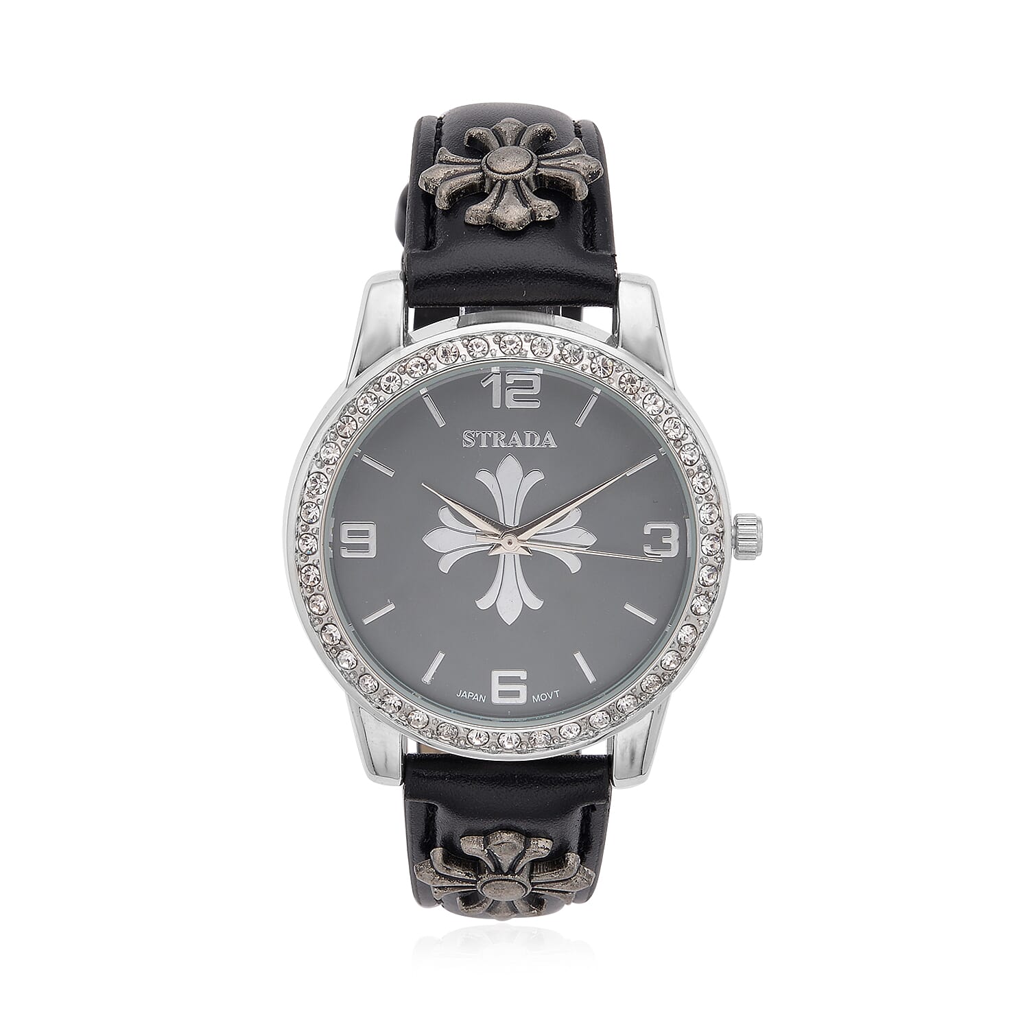 Strada Austrian Crystal Japanse Movement Black Dial Watch with White Faux Leather Strap and Cross Charm