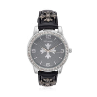 Strada Austrian Crystal Japanse Movement Black Dial Watch with White Faux Leather Strap and Cross Charm