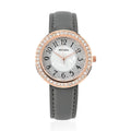 Strada White Austrian Crystal Japanese Movement Watch in Rosetone with Black Faux Leather Strap (35.56mm) (6.50-8.00 Inches) - Sticky add to cart bar