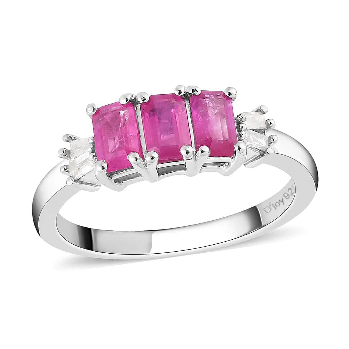 Premium Montepuez Ruby and Diamond 3 Stone Ring in Platinum Over Sterling Silver 1.10 ctw