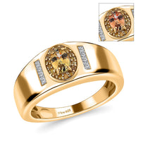 Premium Natural Golden Tanzanite, Yellow Diamond and Diamond Men's Ring in Vermeil Yellow Gold Over Sterling Silver 0.65 ctw